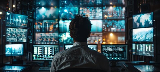 IT professional monitoring data on multiple screens in a modern office setting