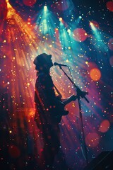 Silhouette of a guitarist singing on stage with colorful bokeh and dramatic lighting effects during a lively live music concertSilhouette