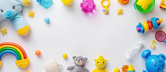 Colorful baby toys displayed from a top view on a white backdrop with copy space image