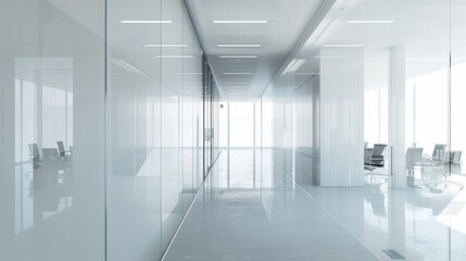 Obraz premium Modern Office Hallway with Glass Walls and Bright Lighting