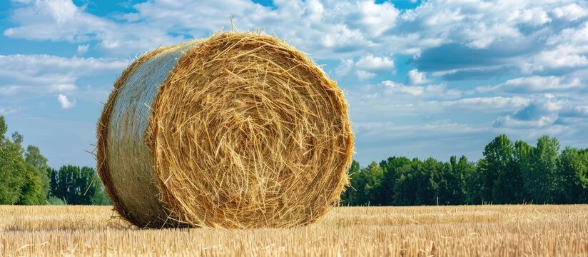 A high quality hay bale on a rural farm ideal animal fodder in grazing shortage empty area around suitable for copy space image