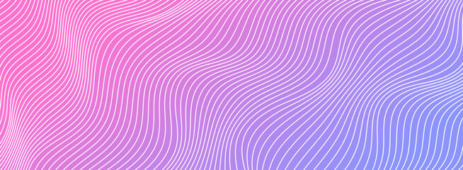 Wave lines abstract background, white thin wavy stripes with movement optical effect. Minimalistic drawing, graphic curves flow. Modern vector illustration on gradient backdrop.