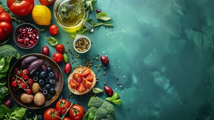 Fototapeta premium Mediterranean diet foods including legumes, lean proteins, and leafy greens.
