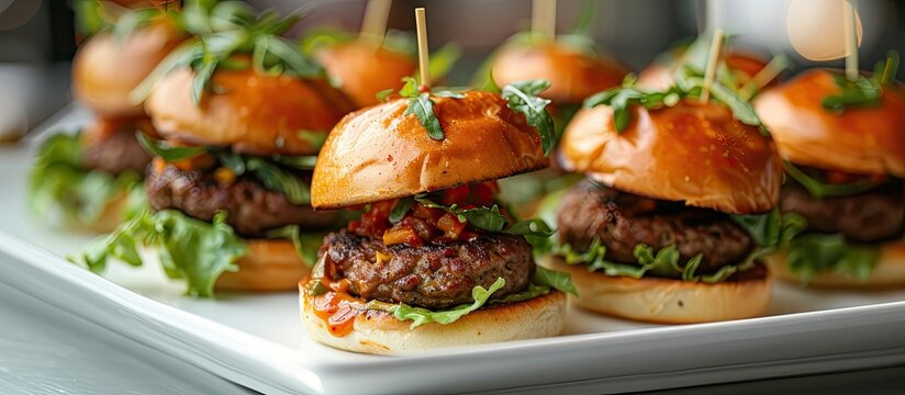 A white plate displaying mini burgers topped with lettuce and thin meat with copy space image