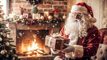 Santa Claus giving a giftbox in Christmas  fireplace room interior. Copy space. Christmas background. Vintage © irenastar