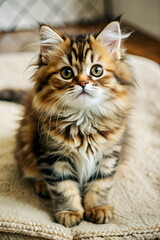 Obraz premium Cute persian kitty on sofa. Persian tabby color cats