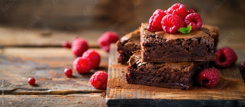 Canvas Prints Chocolate cake brownies topped with raspberries on a wooden background perfect for copy space image