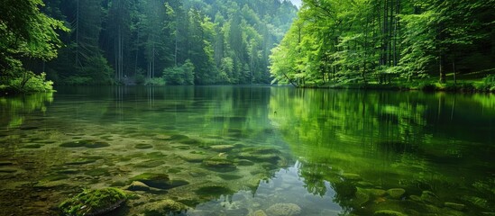 Obraz premium A picturesque scene by a forest lake with clear waters lush greenery perfect for nature lovers wanting a serene vacation Ideal for eco tourism with a copy space image available