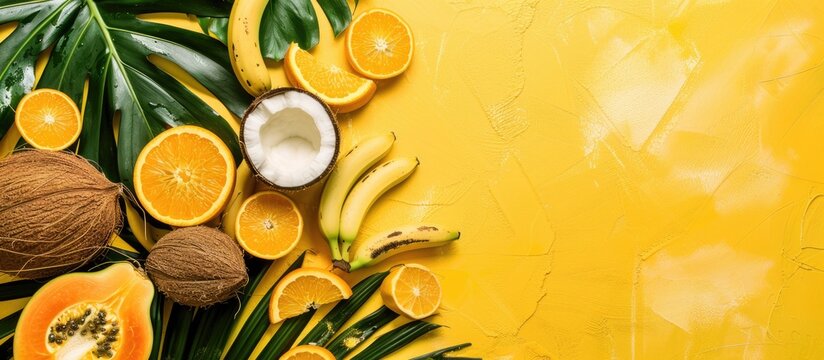 Tropical summer arrangement with green palm and monstera leaves coconut oranges and bananas on a vibrant yellow backdrop Top down view with ample copy space for a creative food or fruit themed image