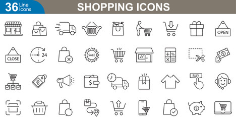 Shopping icons set. Includes various symbols representing retail and e-commerce activities, gift, shopping carts, bags, credit cards, and sale. vector illustration 