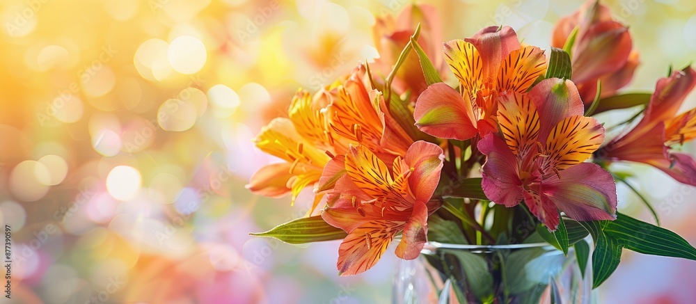 Wall mural Close up of stunning alstroemeria flowers in a vase of water set against a bright background with copy space image