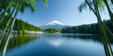 Serene Landscape Mount Fuji with Bamboo, Cherry Trees, and Pond. Concept Landscape Photography, Mount Fuji, Bamboo, Cherry Trees, Pond