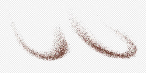 Flying coffee or chocolate powder, dust particles in motion, ground splash isolated on light background. Vector illustration.