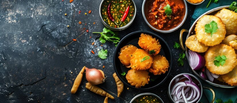 Delicious Indian snacks like spicy mirchi bajii and masal vada chana daal served with onion chops and chutney in a copy space image