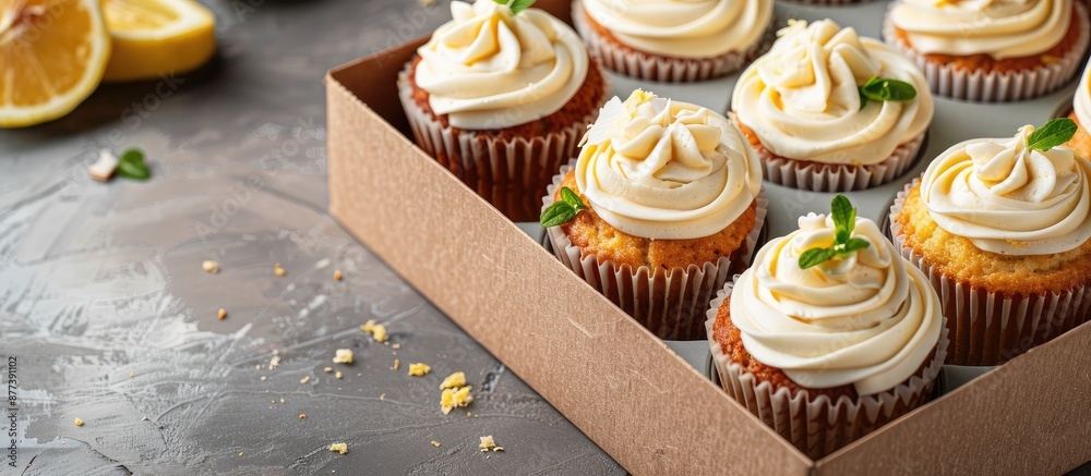 Poster A delivery box showcasing freshly baked lemon muffins and cupcakes with buttercream perfect for gifting with copy space image