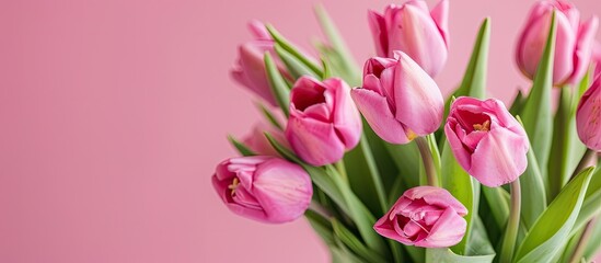 Fototapeta premium Close up of tulip flowers in a vase for Mother s Day with copy space image