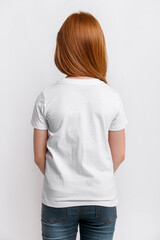 little redhead girl wearing blank white t-shirt on white background, Back view