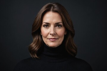 Naklejka premium Portrait of beautiful middle aged woman with brunette hair. Confident female wearing black turtleneck sweater while posing at dark background. Copy space.