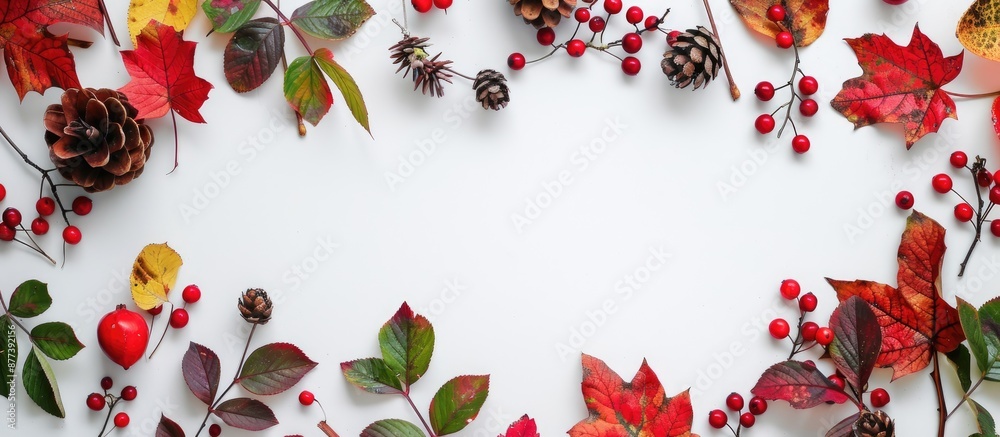 Canvas Prints colorful autumn leaves and red berries arranged on a white background to create a flat lay frame wit