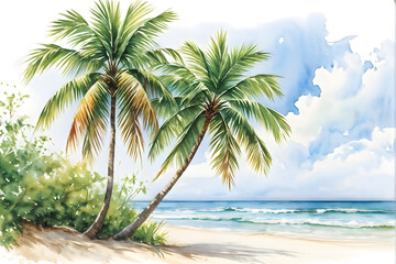 Fototapeta premium Holiday summer travel vacation illustration - Watercolor painting of palms, palm tree on teh beach with ocean sea, design for logo or t shirt, isolated on white background 