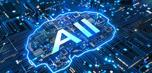 Artificial intelligence concept with glowing AI logo on digital circuit background