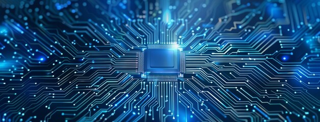 Close-up of a blue circuit board with central processor, representing modern technology and futuristic concept