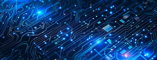 Close-up of a blue circuit board background with intricate electronic patterns and glowing connections
