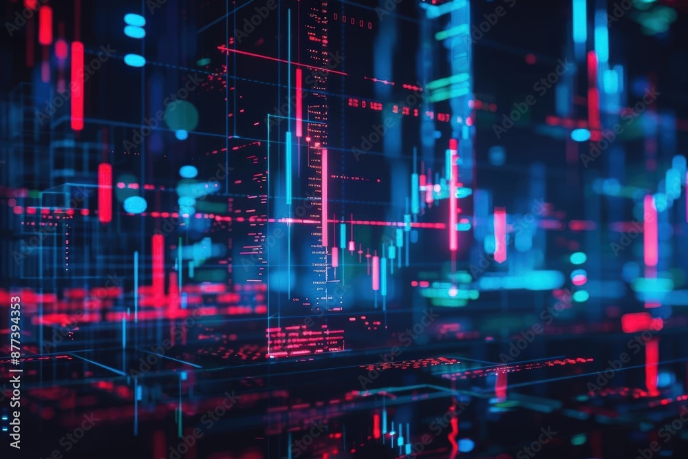 Wall mural abstract digital data and network connection concept. blurred blue and red lines and graphs in a dar