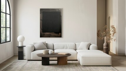 Fototapeta premium Cozy living room featuring a white linen sofa with plush cushions, set against a rustic wooden plank wall. The space is accented with a wicker basket, dried flowers, and industrial-style lighting