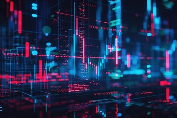 Fototapeta premium Abstract digital data and network connection concept. Blurred blue and red lines and graphs in a dark background. Futuristic technology illustration.