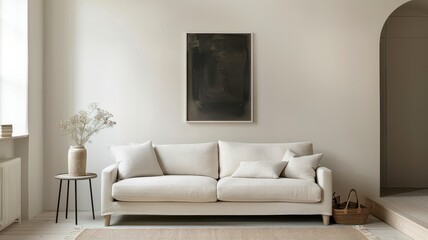 Fototapeta premium Cozy living room featuring a white linen sofa with plush cushions, set against a rustic wooden plank wall. The space is accented with a wicker basket, dried flowers, and industrial-style lighting