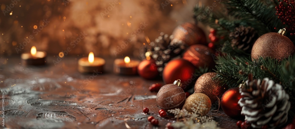 Poster Brown textured table adorned with Christmas decorations offering ample copy space image