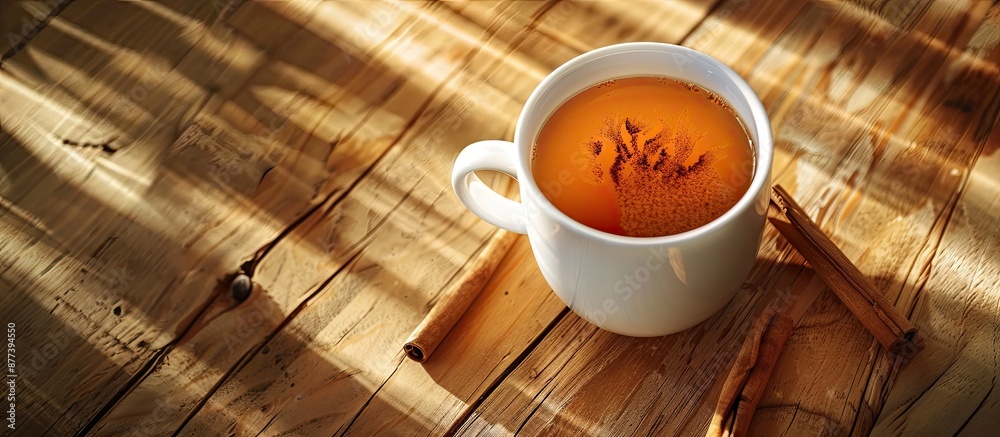 Poster Top view of a steaming cup of herbal cinnamon tea on a wooden surface bathed in morning light with copy space image