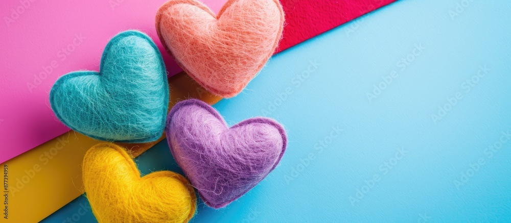 Wall mural top view of heart shaped felt decorations on a colorful backdrop creating a charming copy space imag
