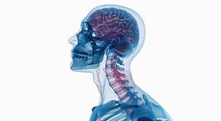 3D rendered human head and neck anatomy with visible skull and brain