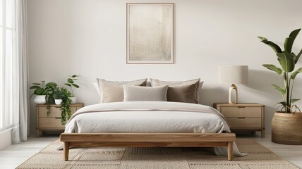 A stylish bedroom featuring a tufted bed with patterned pillows, wooden nightstands, and potted plants. The room blends modern and eclectic elements, creating a cozy and inviting space.