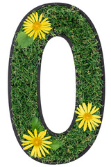 Number 0 made of flowers and grass isolated on white.