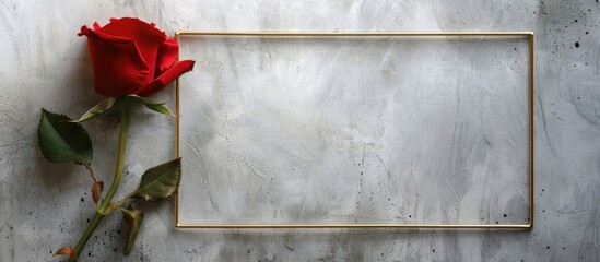 A stunning red rose displayed against a golden frame with a backdrop of neutral gray concrete incorporating text space in a top down view Minimalist style with a holiday and floral theme evident in t