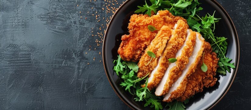 Deep fried chicken cutlet known as Tonkatsu Chicken with copy space image