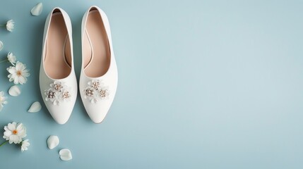 Elegant white bridal shoes with floral decorations on a light blue background, perfect for weddings and fashion photography.