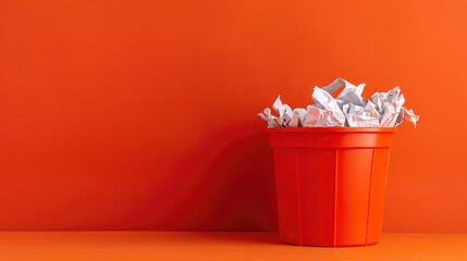 Red trash can filled with paper waste seen from the front on an orange backdrop with negative space