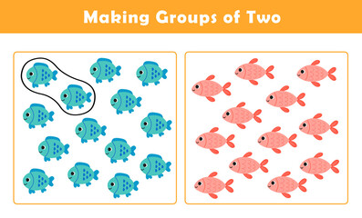 Making Groups of Two Worksheet. Grouping Picture Math Activity for Kids. Fun Math Activity for Children. Counting with Cute Pictures Worksheet.	