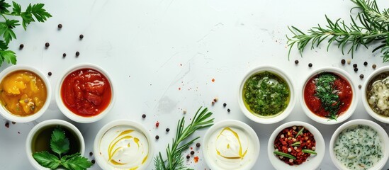 Various sauces in bowls with herbs rosemary dill thyme and peppercorns on a banner viewed from above with extra space for text or images. Copy space image. Place for adding text and design