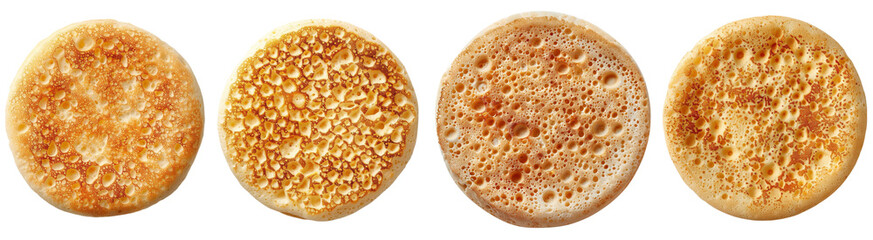Four different types of pizza with different crusts and toppings, isolated on transparent background