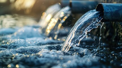 Water flowing from pipe to water source. Technology for clean drinking water and industrial use. Abstract background. Water flow from well to pipe.
