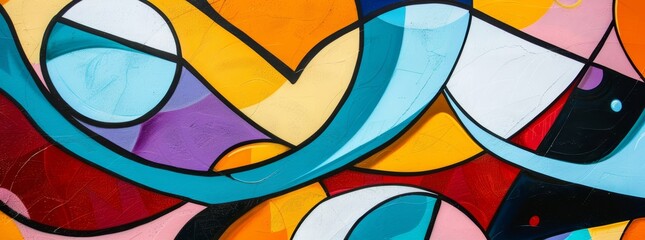 Abstract street art on a plain wall background, with a focus on bold colors and dynamic lines. 
