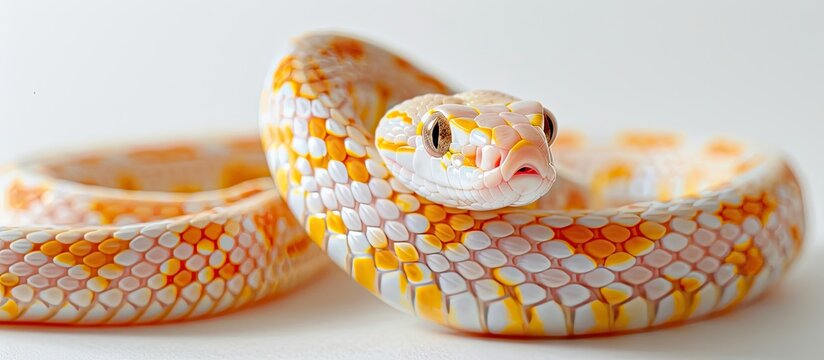 A white background highlights the unique features of the Albino Pacific Gopher Snake or Coast Gopher Snake scientifically known as Pituophis catenifer annectans applegate with copy space image