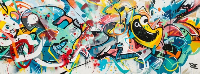 Fototapeta premium Detailed graffiti with street art characters on a clean white wall background, featuring intricate designs. 