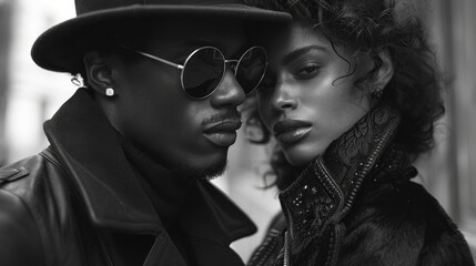 Black and White Intimacy: A  close-up portrait of a stylishly dressed couple, their faces intertwined in a moment of shared intimacy. The image is captured in black and white, enhancing the raw emotio