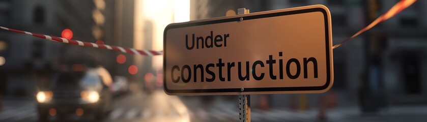 Urban construction sign on the street with blurred background of city buildings and cars. Early morning scene.